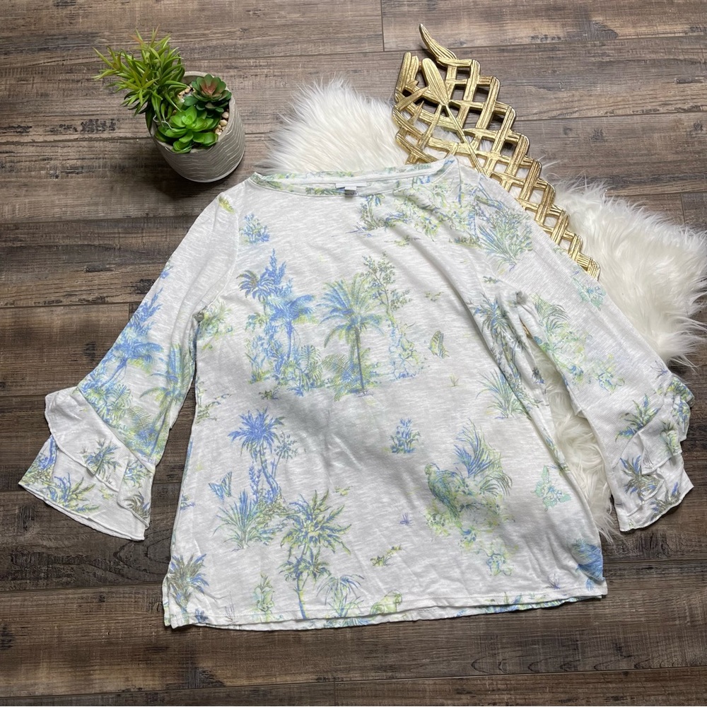 J. Jill‎ Linen Blend Tropical Flare Sleeves Top
